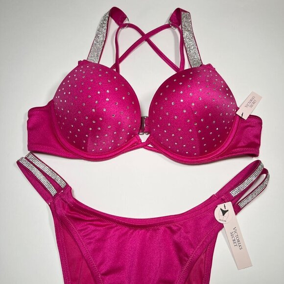 Victoria Secret 34B M Bombshell Push Up Bikini Top Set Shine Strap Berry Blush - Picture 3 of 12